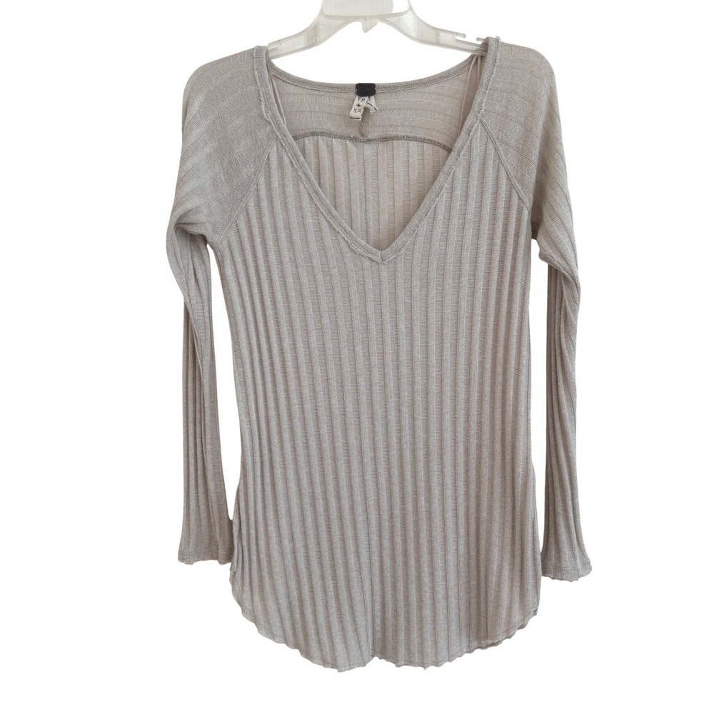 We The Free Free People Ribbed V-Neck‎ Long Sleeve Top Oatmeal Boho XS NWOT